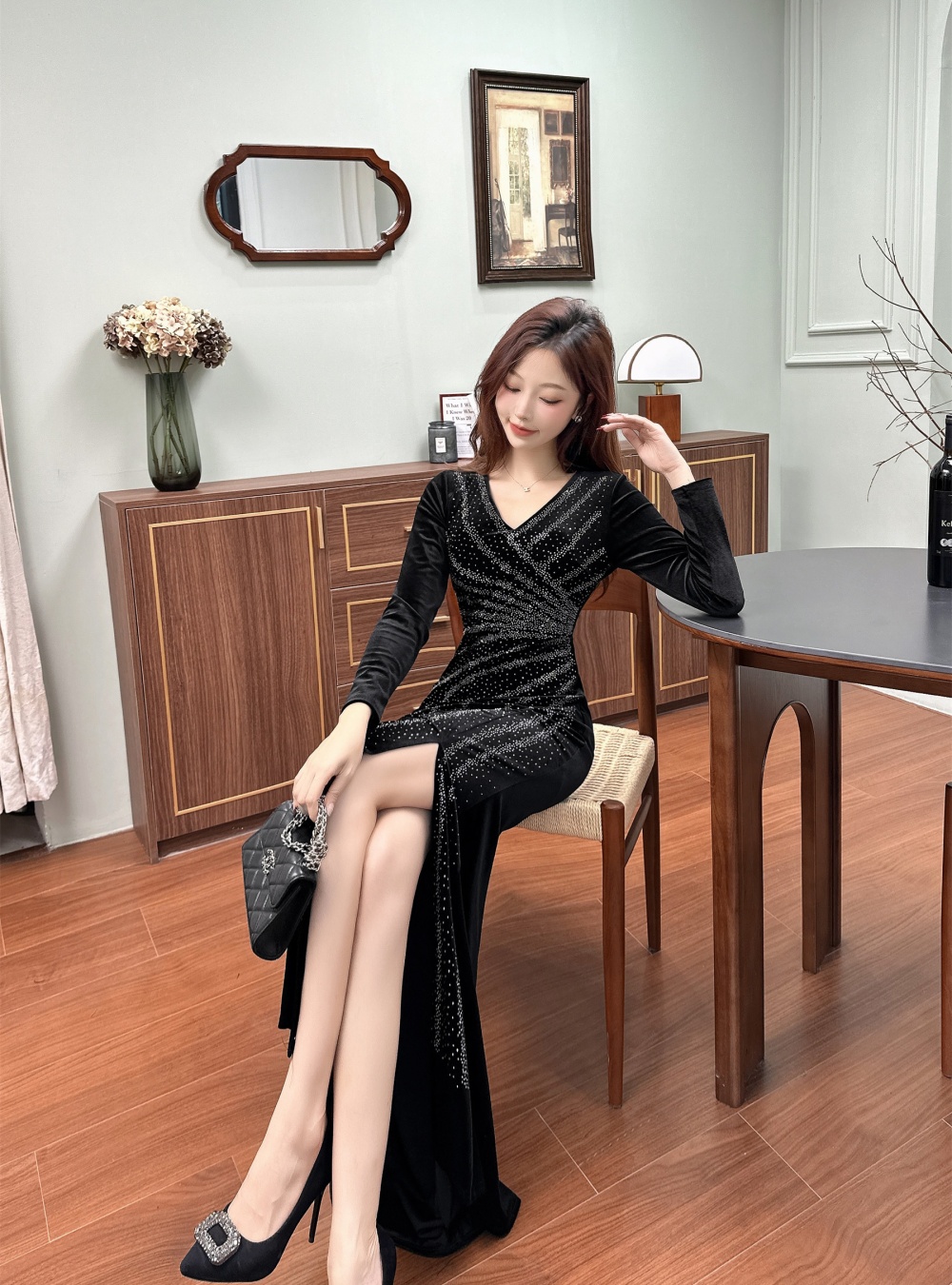 Long sleeve long mermaid formal dress golden velvet sexy dress