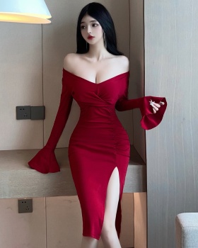 V-neck bottoming sexy trumpet sleeves long sleeve dress