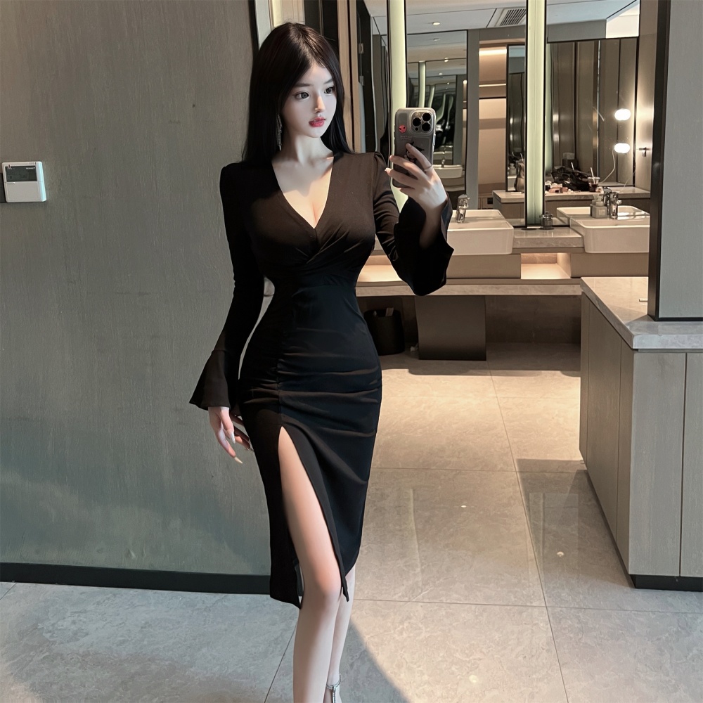 V-neck bottoming sexy trumpet sleeves long sleeve dress