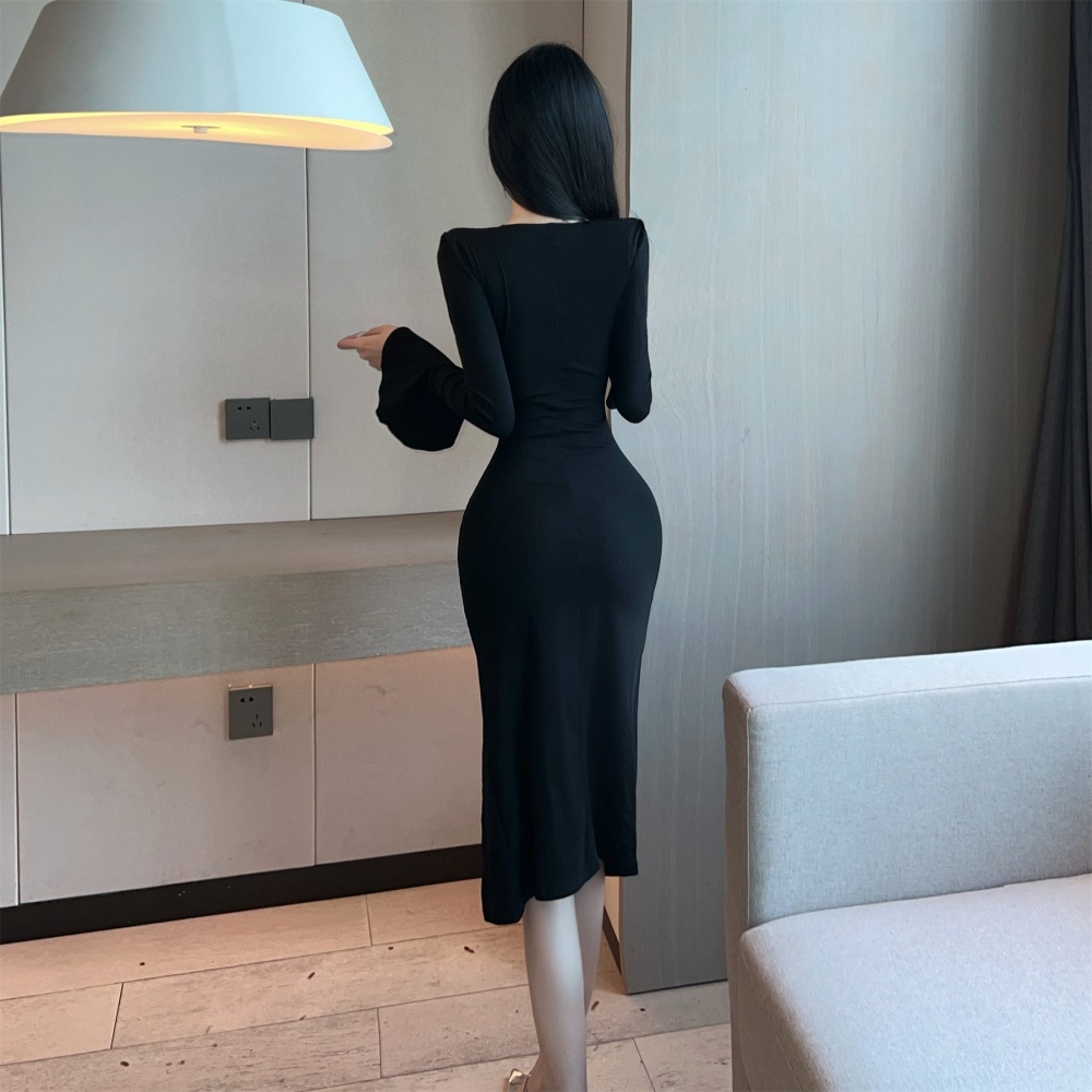 V-neck bottoming sexy trumpet sleeves long sleeve dress