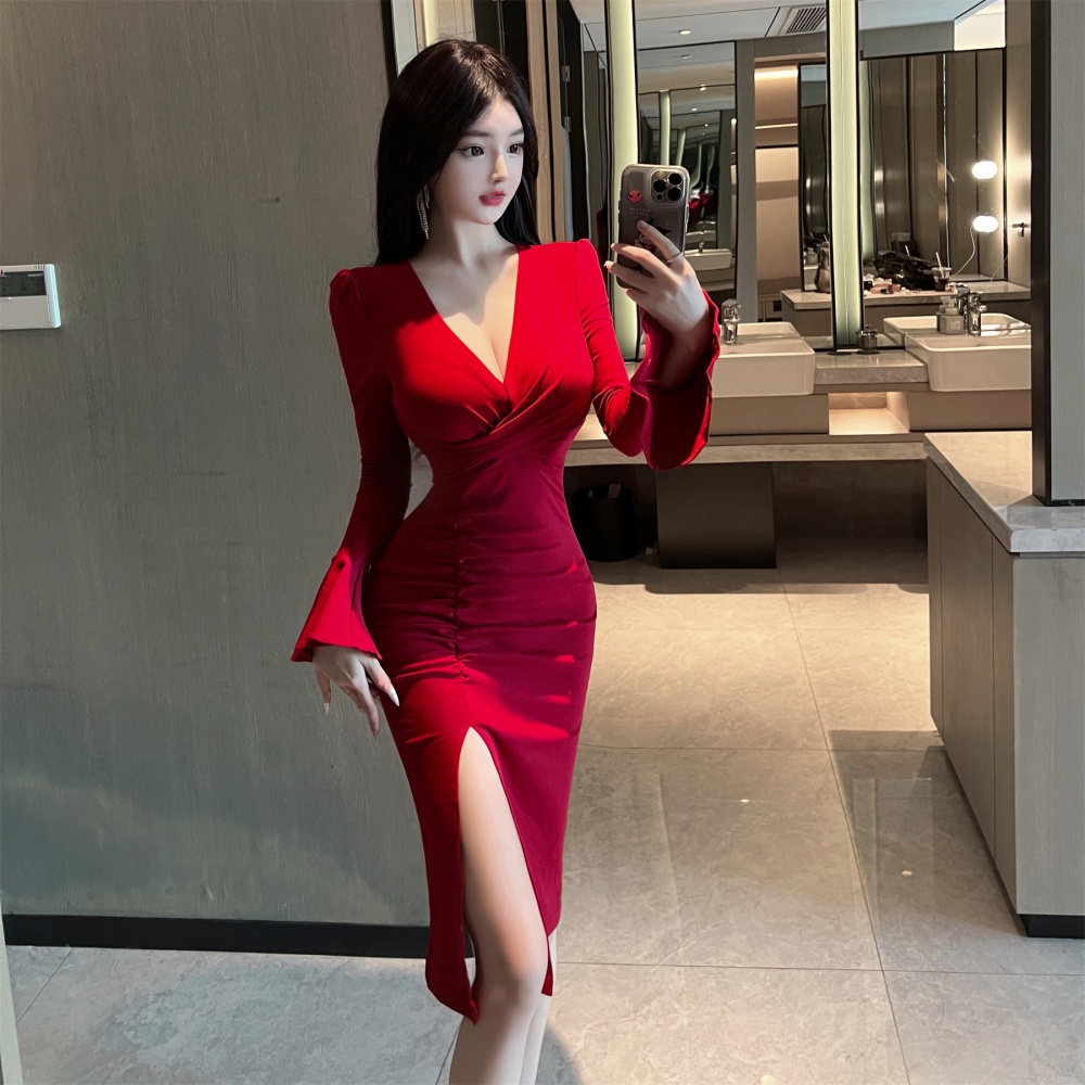 V-neck bottoming sexy trumpet sleeves long sleeve dress