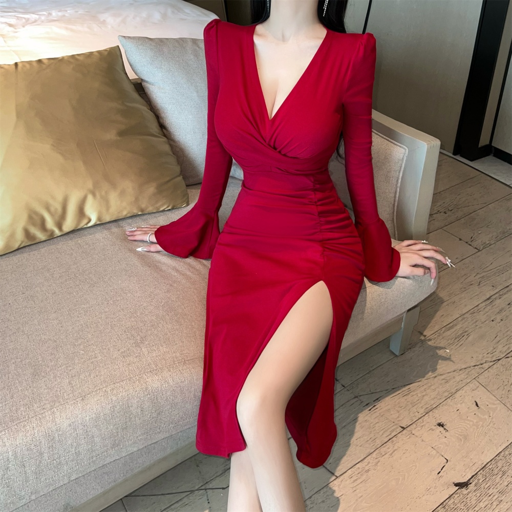 V-neck bottoming sexy trumpet sleeves long sleeve dress