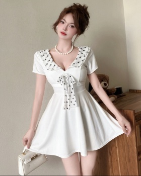 France style temperament retro pinched waist lapel dress