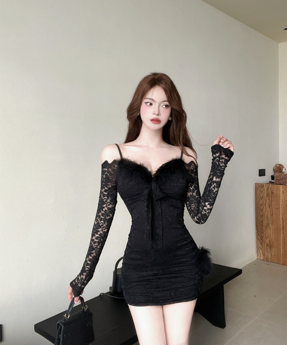 Strapless fur collar dress slim splice strap dress