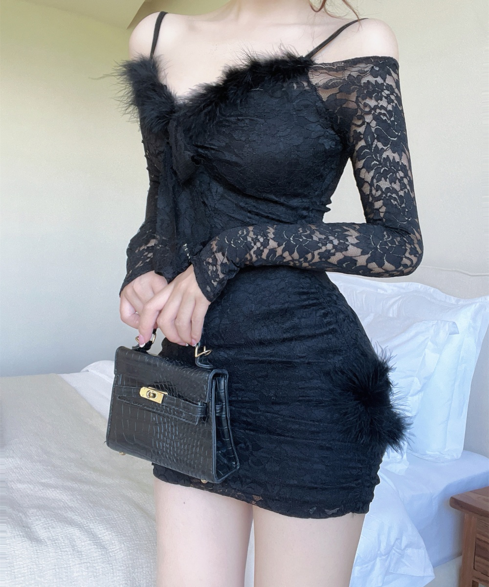 Strapless fur collar dress slim splice strap dress