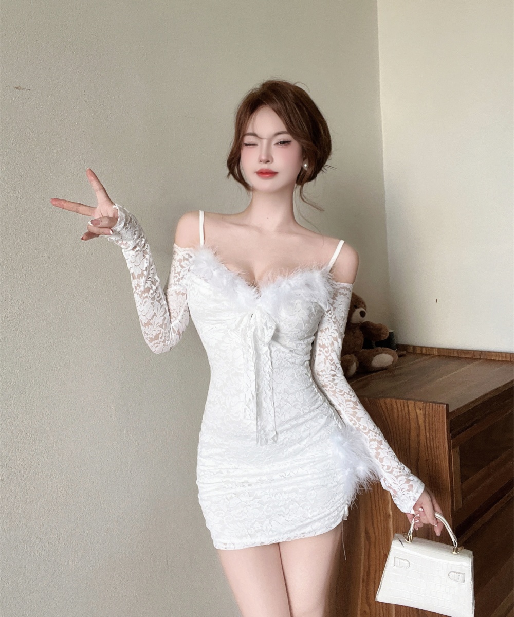 Strapless fur collar dress slim splice strap dress