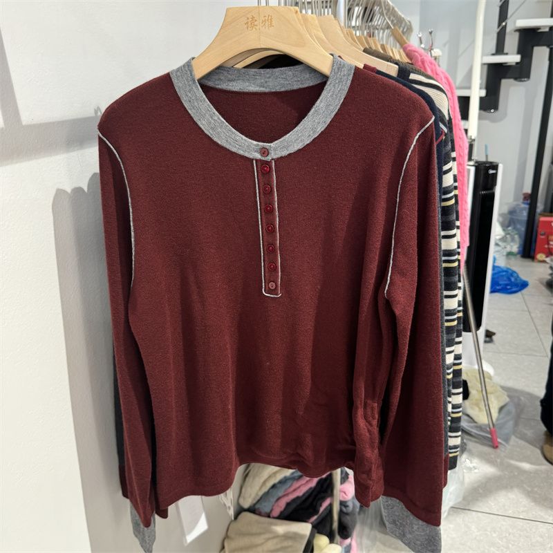 Loose mixed colors tops buckle round neck sweater