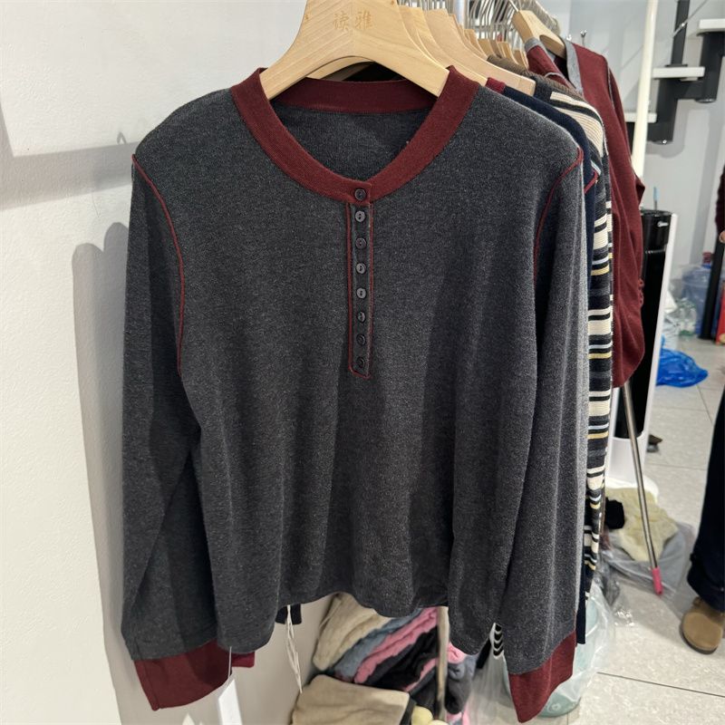 Loose mixed colors tops buckle round neck sweater