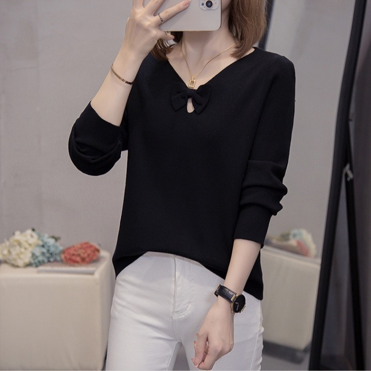 Loose Cover belly fat sweater V-neck knitted bow tops