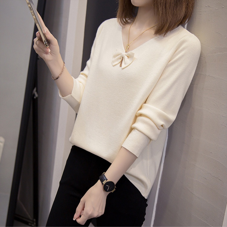 Loose Cover belly fat sweater V-neck knitted bow tops