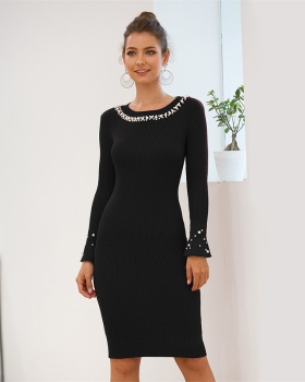 Trumpet sleeves beading knitted slim dress for women