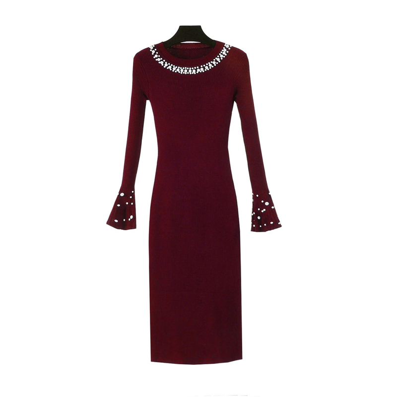 Trumpet sleeves beading knitted slim dress for women