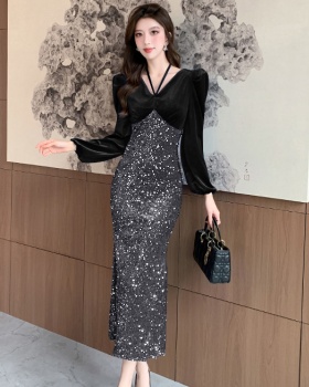 Sequins package hip long dress V-neck autumn dress