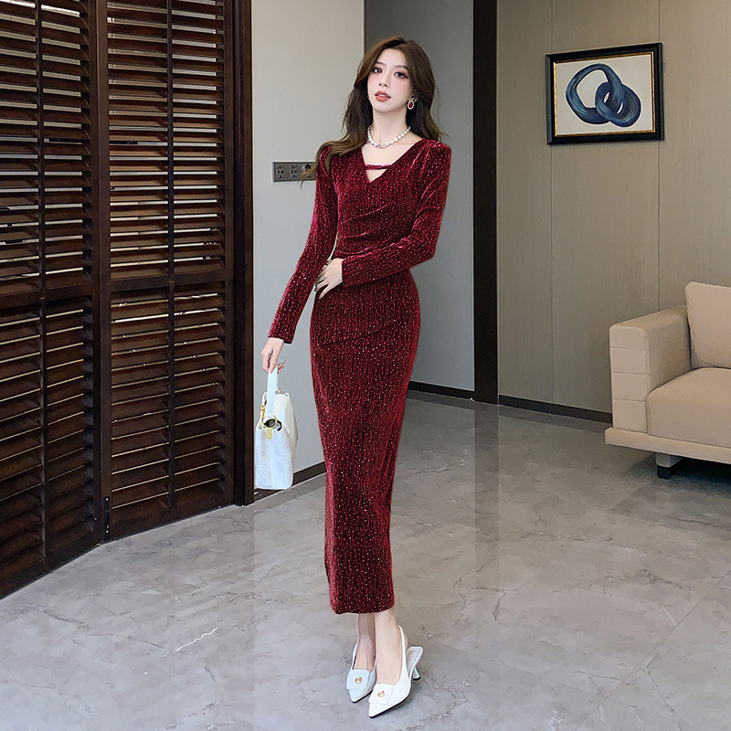 Liangsi V-neck long dress autumn tight dress