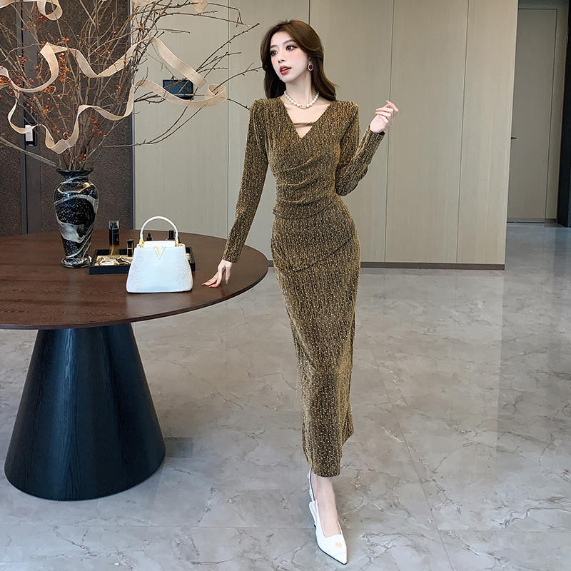 Liangsi V-neck long dress autumn tight dress