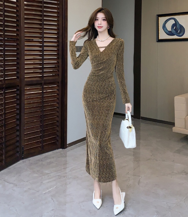 Liangsi V-neck long dress autumn tight dress