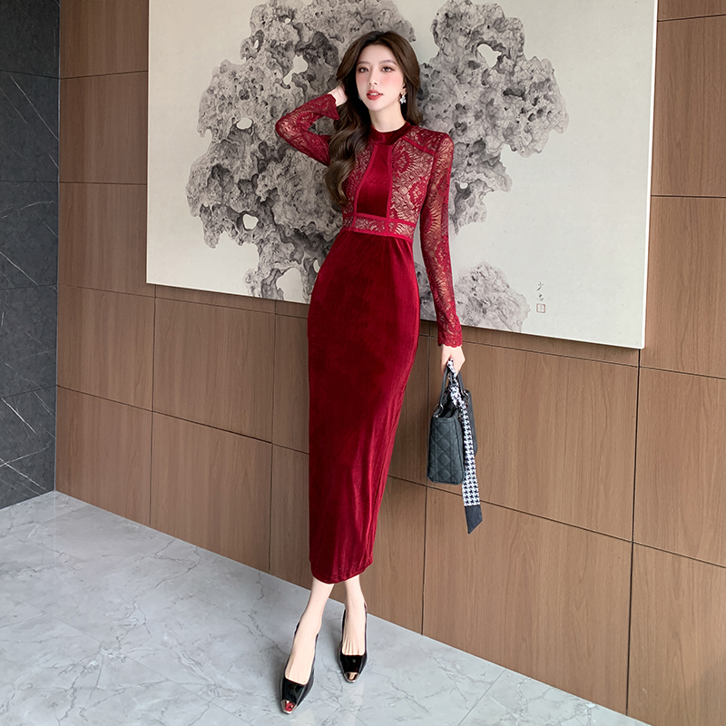 Lace autumn dress package hip splice long dress