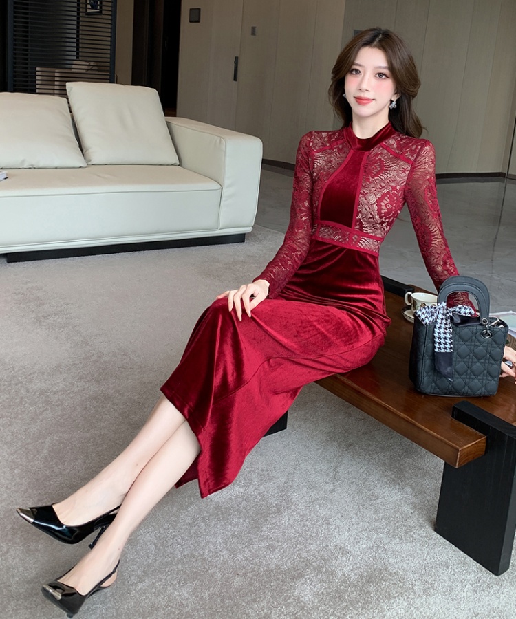 Lace autumn dress package hip splice long dress