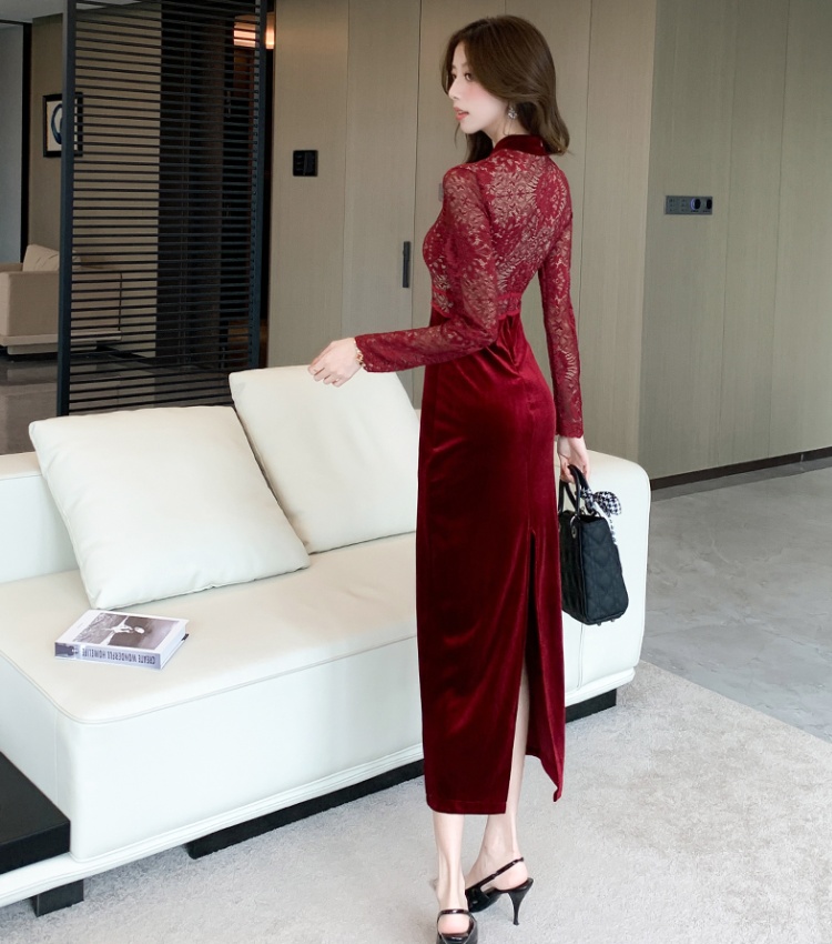 Lace autumn dress package hip splice long dress