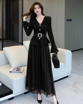 V-neck autumn long skirt pinched waist tops 2pcs set