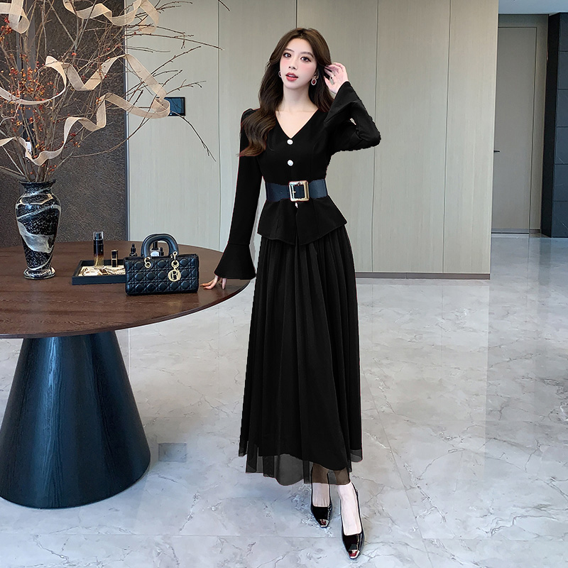 V-neck autumn long skirt pinched waist tops 2pcs set