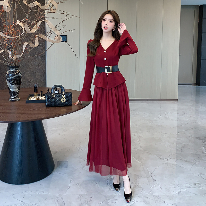 V-neck autumn long skirt pinched waist tops 2pcs set