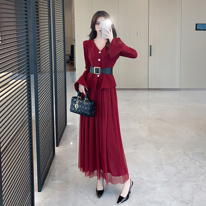 V-neck autumn long skirt pinched waist tops 2pcs set