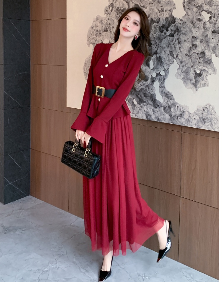 V-neck autumn long skirt pinched waist tops 2pcs set