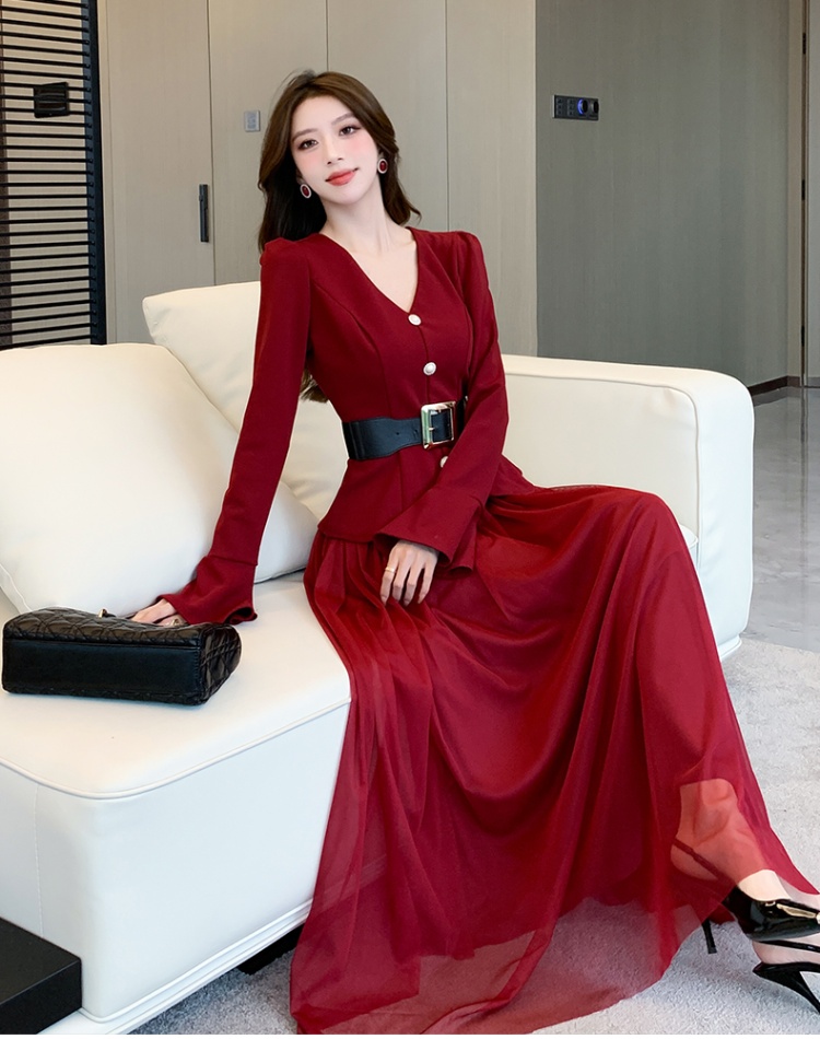 V-neck autumn long skirt pinched waist tops 2pcs set