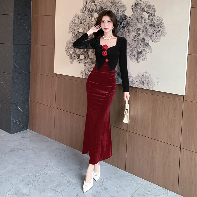 Slim autumn dress mixed colors long dress