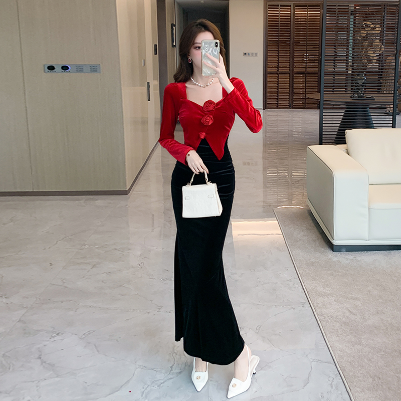 Slim autumn dress mixed colors long dress