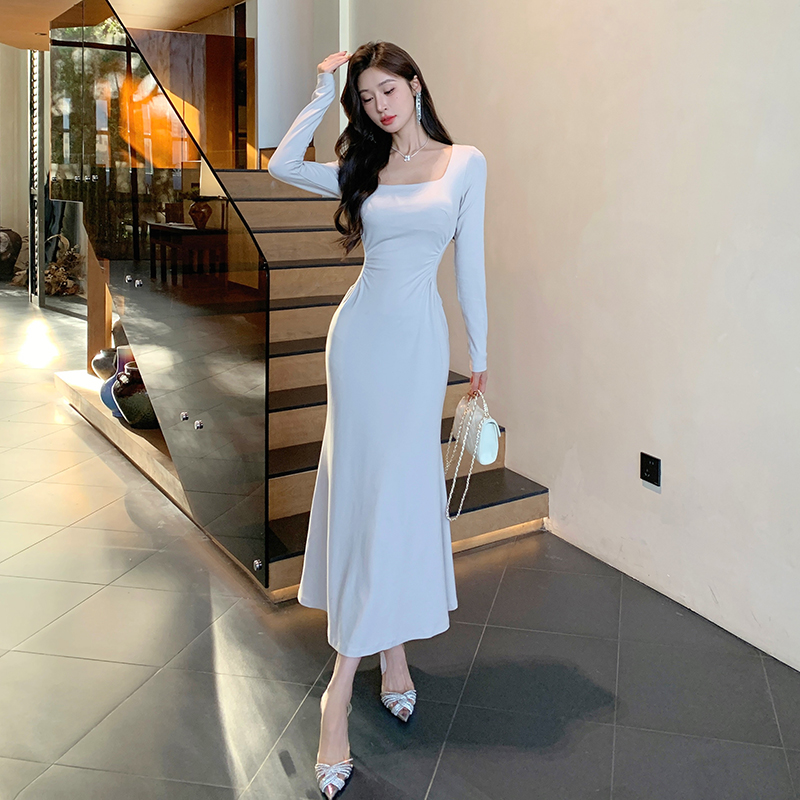 Slim simple square collar dress for women