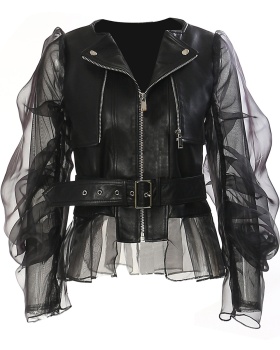 Locomotive domineering coat gauze leather coat