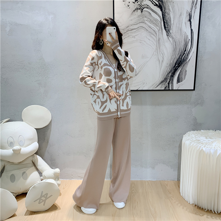 Knitted wide leg pants cardigan 2pcs set for women