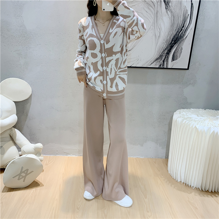 Knitted wide leg pants cardigan 2pcs set for women