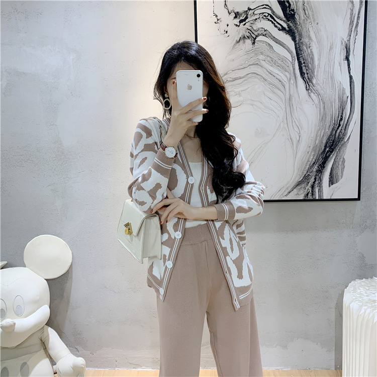 Knitted wide leg pants cardigan 2pcs set for women