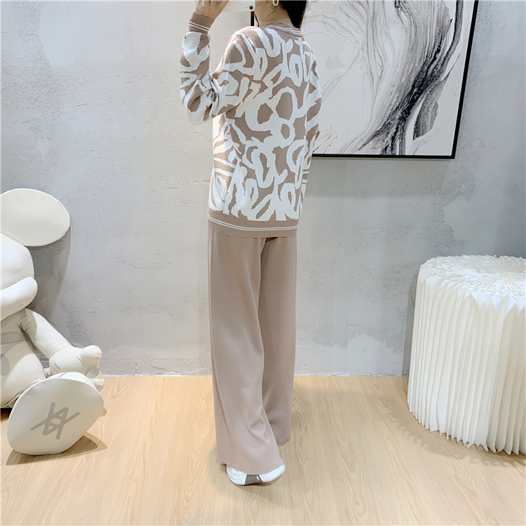 Knitted wide leg pants cardigan 2pcs set for women