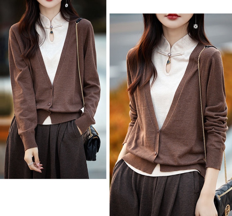 Knitted Pseudo-two coat Chinese style tops