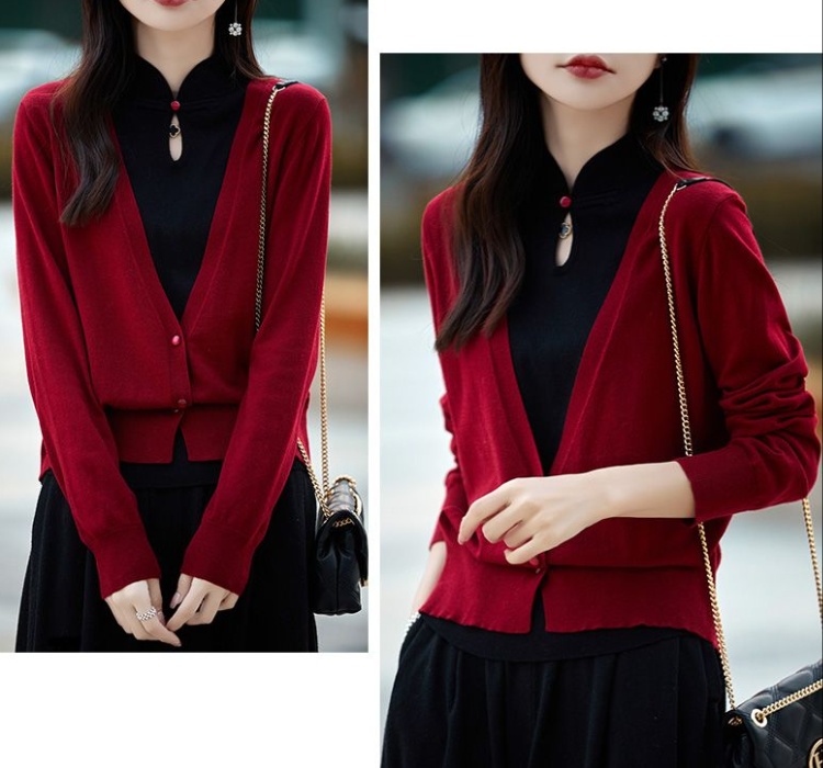 Knitted Pseudo-two coat Chinese style tops