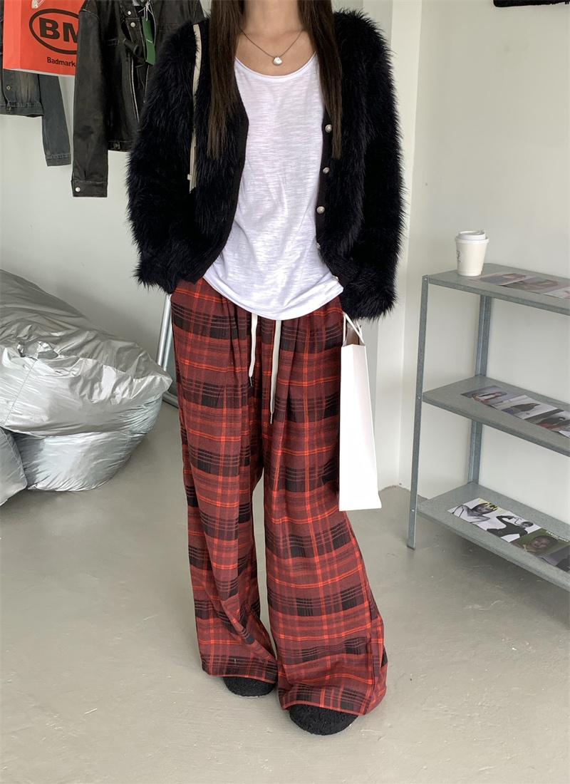 Casual straight red plaid pants