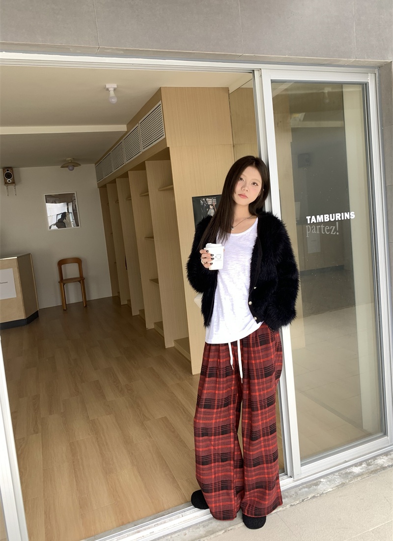 Casual straight red plaid pants