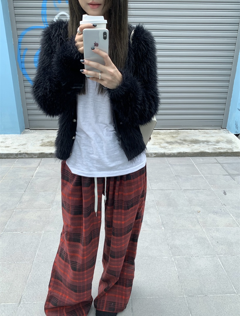 Casual straight red plaid pants