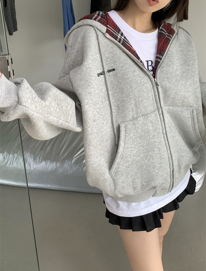 Autumn and winter plus velvet hoodie plaid coat