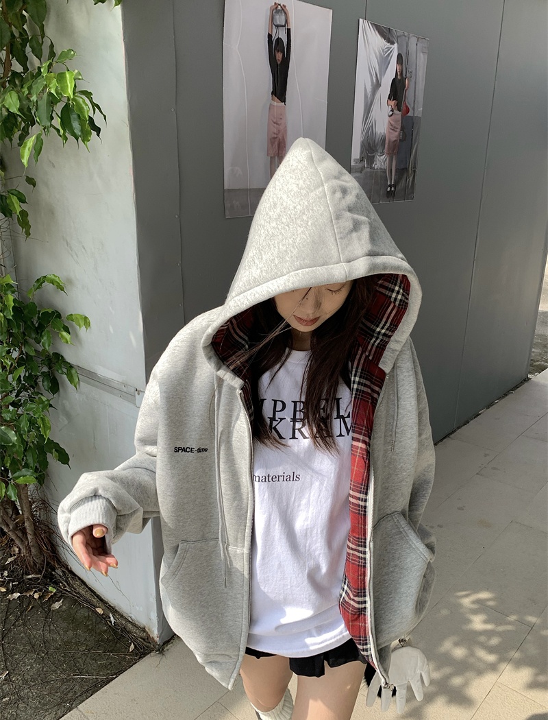 Autumn and winter plus velvet hoodie plaid coat