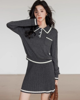 Knitted skirt college style sweater 2pcs set