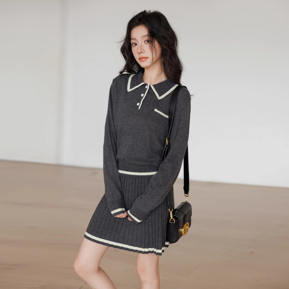 Knitted skirt college style sweater 2pcs set