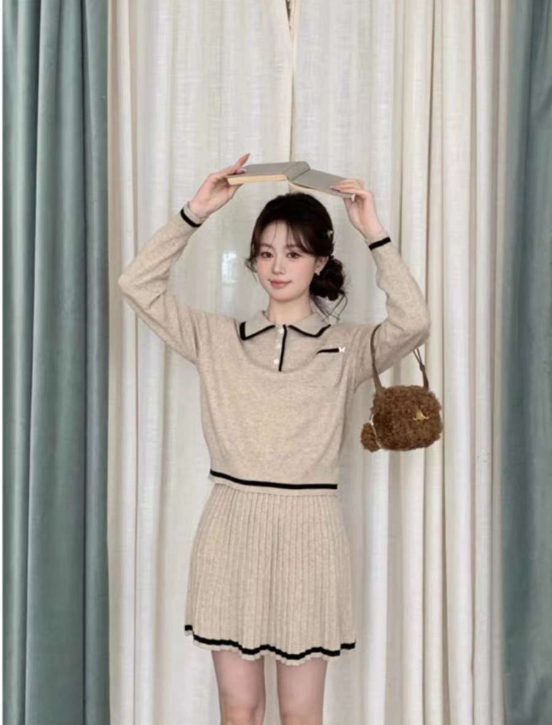 Knitted skirt college style sweater 2pcs set