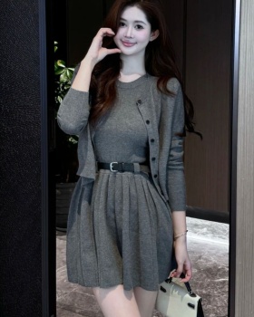 Sleeveless with belt dress Korean style cardigan 2pcs set