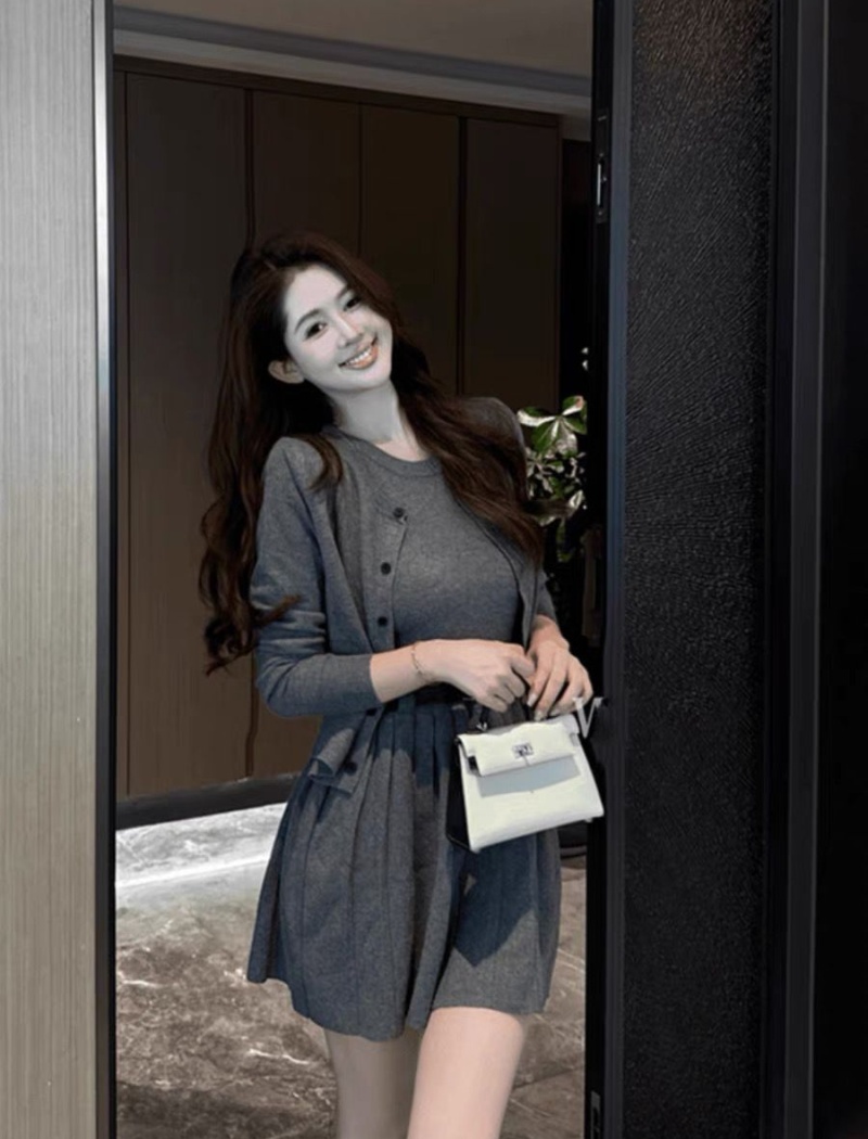 Sleeveless with belt dress Korean style cardigan 2pcs set