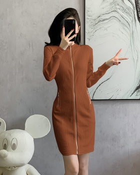 Zip temperament cardigan package hip knitted dress